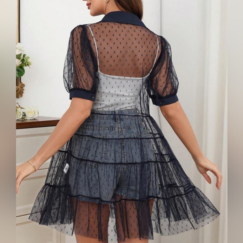 Black Mesh Polka Dot Button Down Collared Dress - image 4